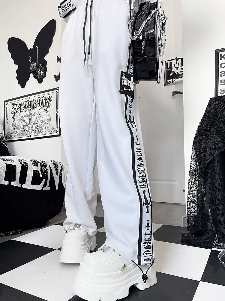 White Gothic Letter And Cross Print Sweatpants