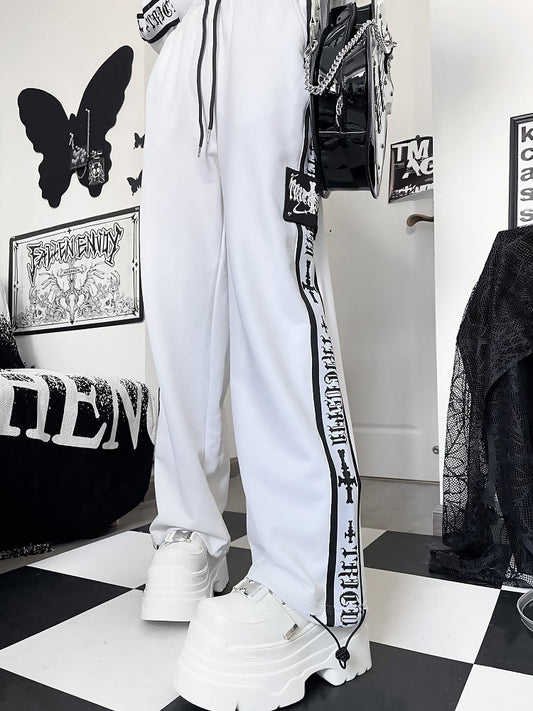White Gothic Letter And Cross Print Sweatpants