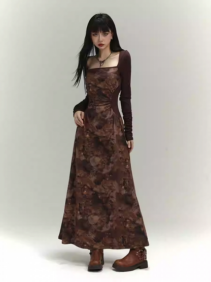 Millard Fashion Brown Square Neck Gathering Details Slim-fitting Dress