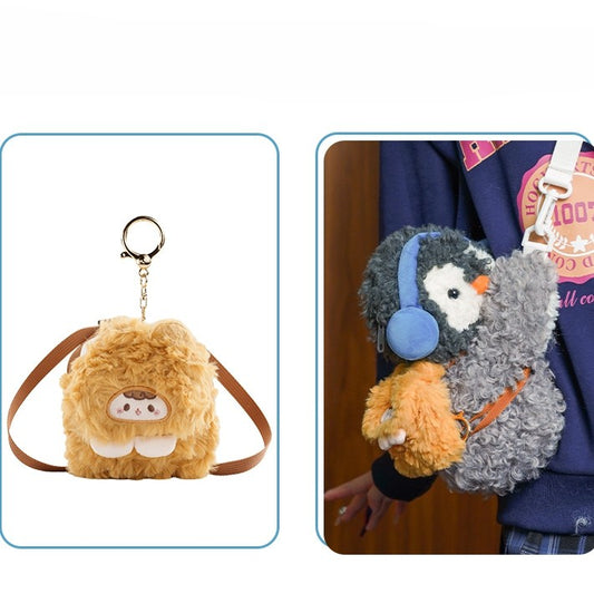 Gray Cute Penguin Plush Backpack/Crossbody Bag + Yellow Bear Backpack Keychain Small/Middle/Large Size