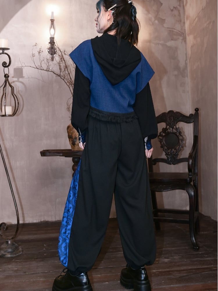 Blue Seahorse and Coral Print Black Drawsting Cuff Cheongsam Style Wide-leg Pants