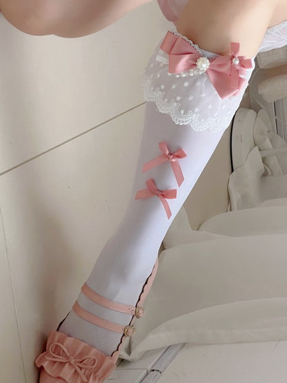Black/White Underknee Stockings With Pink Bowknot Details And White Lace Cuff