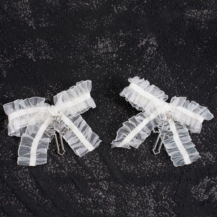Gothic Cross Detail White Ruffled Bow Hairclips