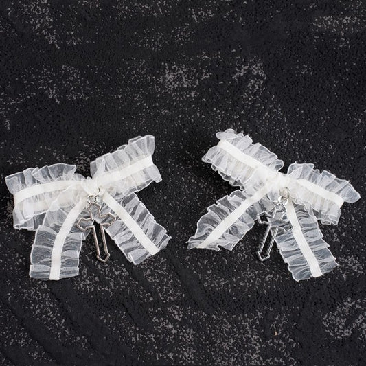 Gothic Cross Detail White Ruffled Bow Hairclips