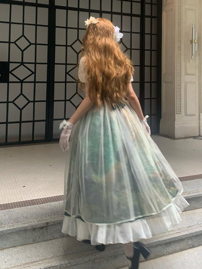 Dark Green & Apricot Basque Waist Forest Print Elegant Classic Lolita Dress with Overlay