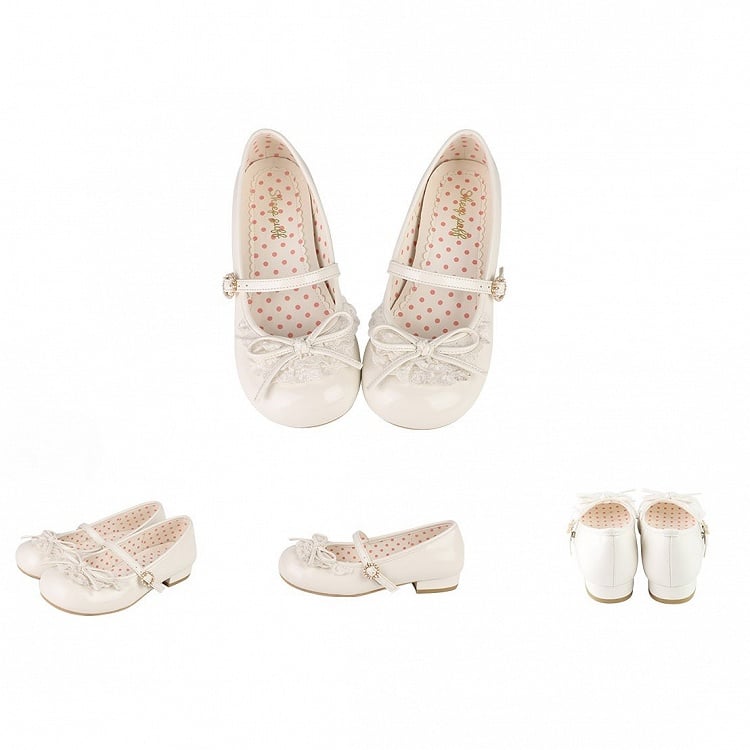 White Knotted Bow Accent Lace Trim 2.2CM Heels Round Toe Mary Janes