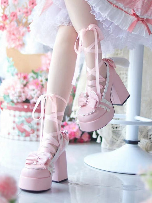 Cute Kitty Tails Pink Bow at Top Sweet Lolita Platform High Heels Lace-up at Ankle