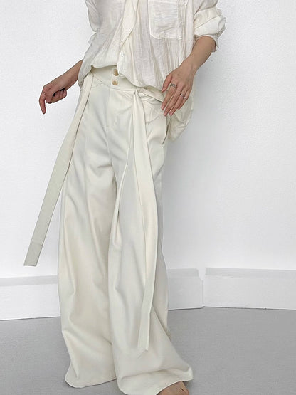 Ouji Lolita Apricot Wide-Leg Pants with Side Ribbons & Two-Button Fly
