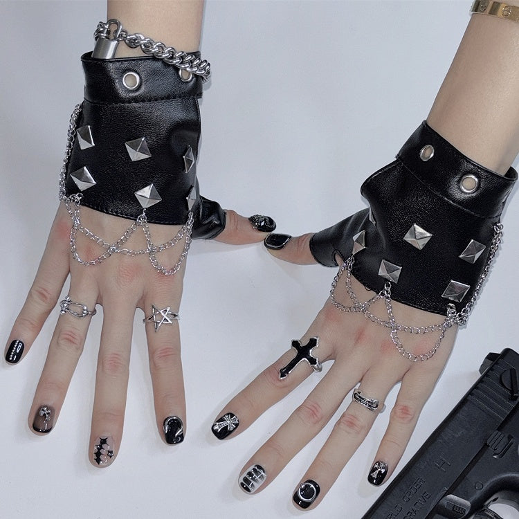 Studs Design Black Punk PU Leather Gloves