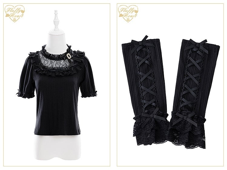 Jirai Kei Bowknots and Beads Decorated Illusion Neckline Black Blouse with Free Armwear