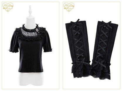 Jirai Kei Bowknots and Beads Decorated Illusion Neckline Black Blouse with Free Armwear