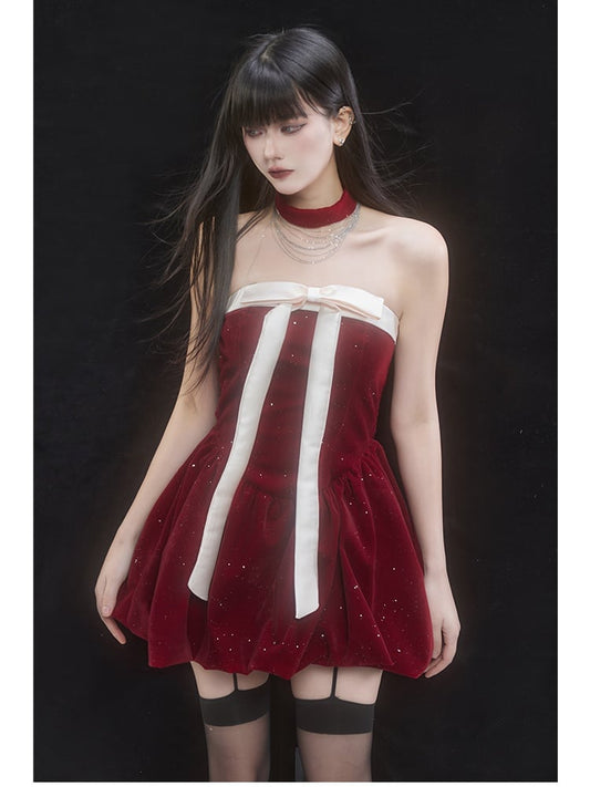 Red Off-the-shoulder Neckline Big Bow Sequins Puffy Dress