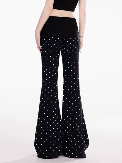 Black Polka Dot Elastic Waist Slim-fitting Flared Casual Pants