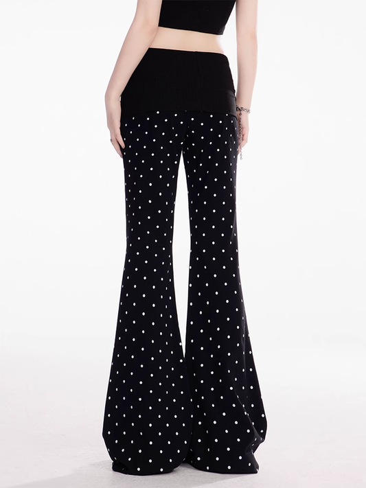 Black Polka Dot Elastic Waist Slim-fitting Flared Casual Pants