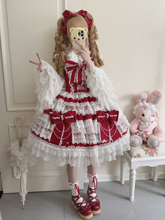 Red Big Bows Decoration Tiered Skirt Hanayome Lolita Dress