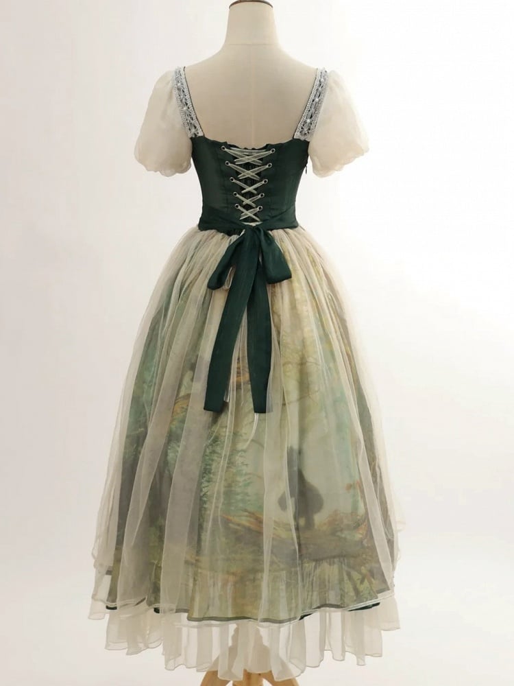 Dark Green & Apricot Basque Waist Forest Print Elegant Classic Lolita Dress with Overlay