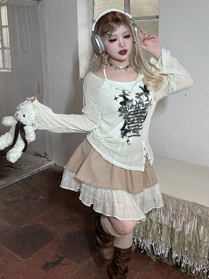 Plus Size Y2K White Butterflies Print Long Sleeves Top with Chain + Tank Top Set