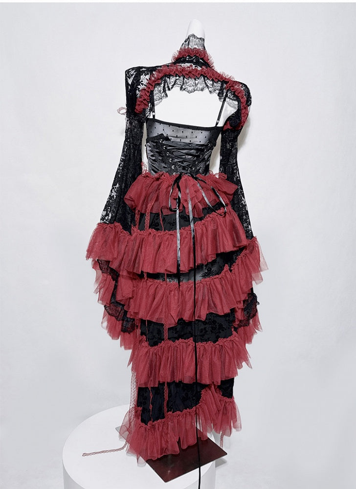 Black&Red Gothic Set- Cami Top+Lace Bell Sleeves Bolero+ Lace-up Detail Beaded Chain Tiered Skirt
