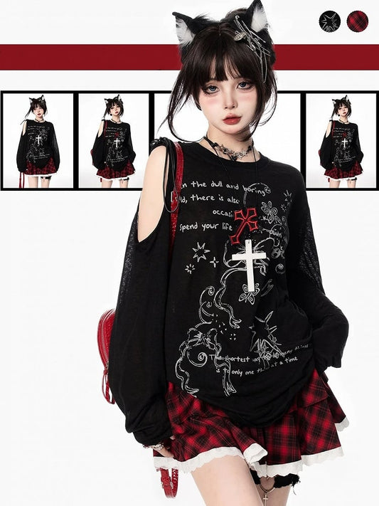 Bowknot Graffiti Print Cutout Shoulder Black/White Semi-sheer Coverup