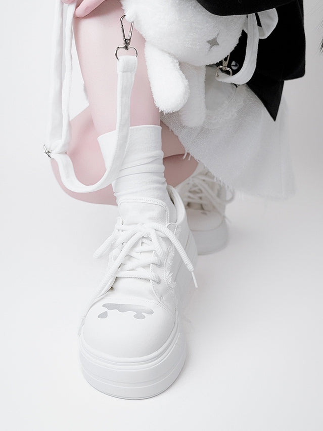 Letter Print, Raw Hem Details & Secure Lace Closure White Platforms in Otaku Style