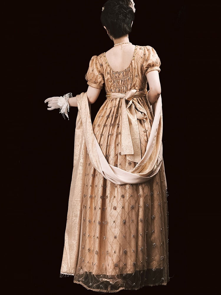 Allover Beaded Design Champagne Diamond Pattern Empire Waist Elegant Lolita One Piece Long/Short Version