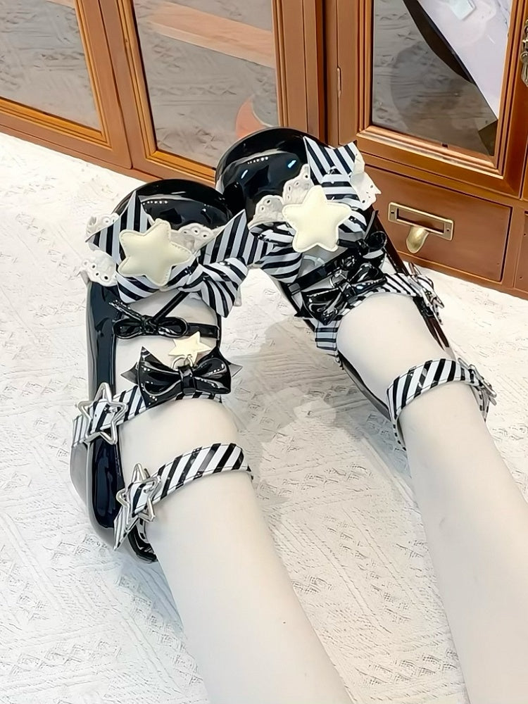 Black Striped Pattern Bowknot Details Star Buckle Straps Lolita Shoes