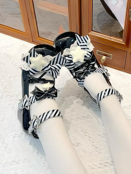 Black Striped Pattern Bowknot Details Star Buckle Straps Lolita Shoes