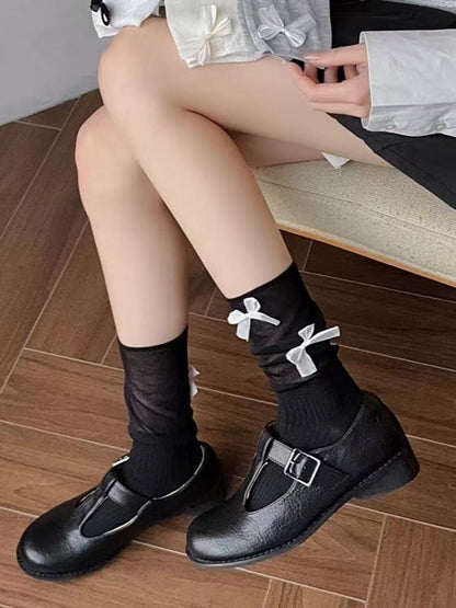 Black/White/Beige/Gray Lolita Bowknot Details Calf Socks