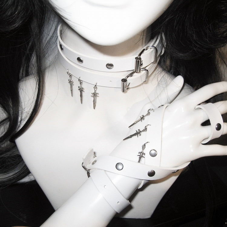 White Stud Detail Sword Pendant Punk Choker