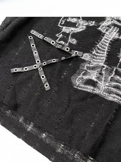 Black Off-the-shoulder Neckline Cartoon Girl Print Studs Details T-shirt