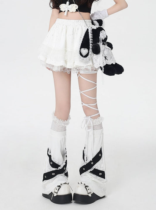 White Elastic Waist Lace Trim Balletcore Tiered Skirt