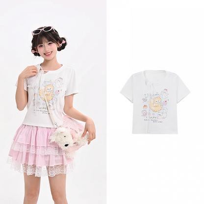 Adorable Cat Print White Round Neck T-shirt Long/Short Version