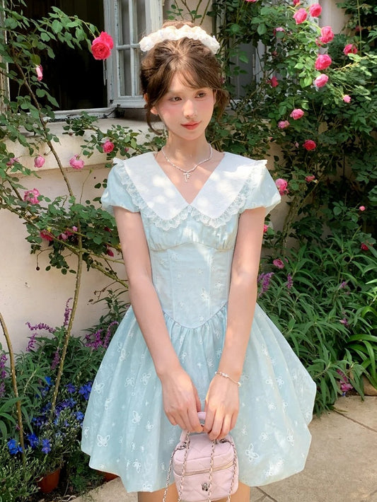 Blue Peter Pan Collar Basque Waist Allover Butterfly Embroidery Dress Bubble Skirt