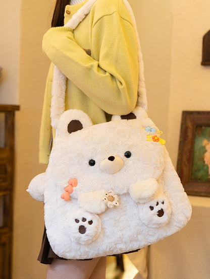 White Cute Bear Plush Flap Backpack Bag Middle/Large Size