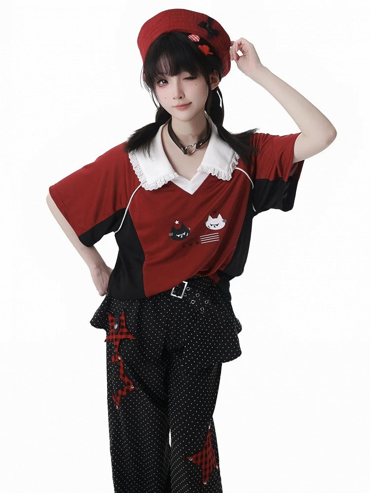 Red and Black Colorblock Pointed Flat Collar Cute Kitten Print Blokette Core T-shirt