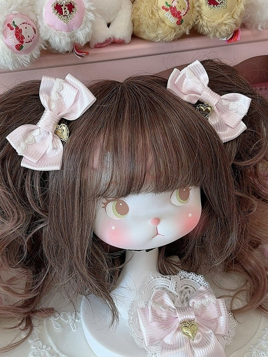 Pink Heart Charm Striped Pattern Bowknot Hairclip