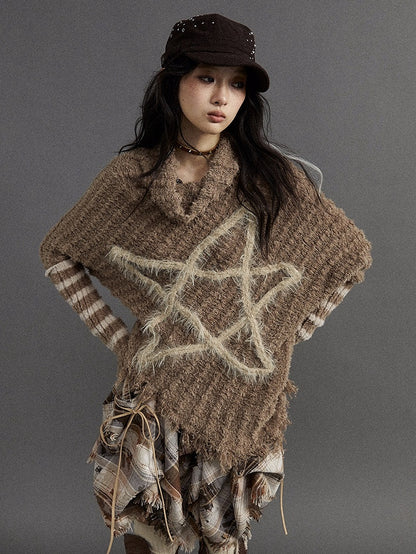 Brown Vintage Punk Batwing Sleeves Loose Five-pointed Star Sweater