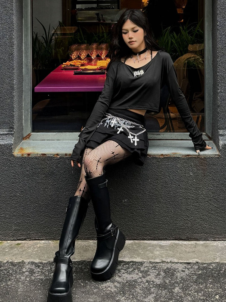 Punk Letters Decorated Black Cropped Hoodie