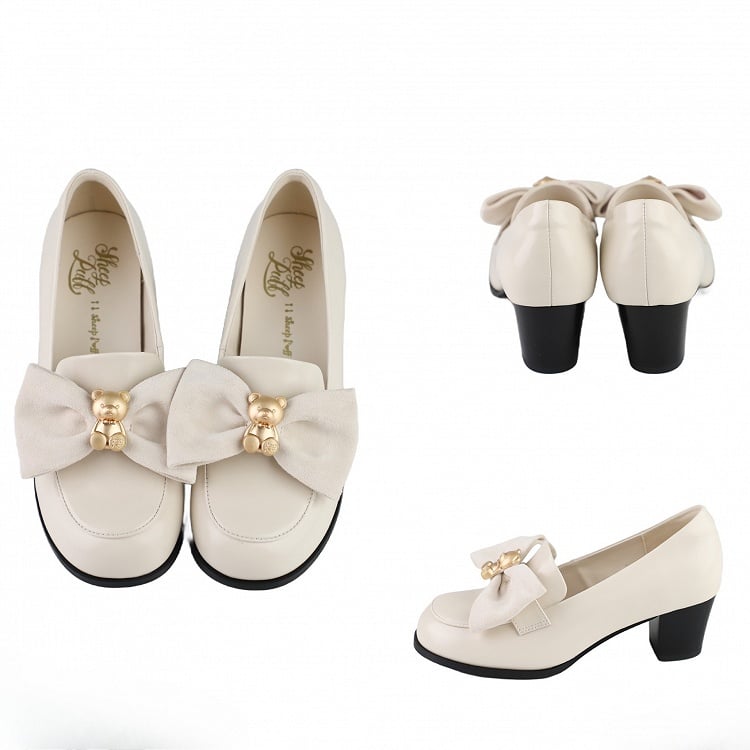 Beige Bear Decorated Bow at Top Loafers