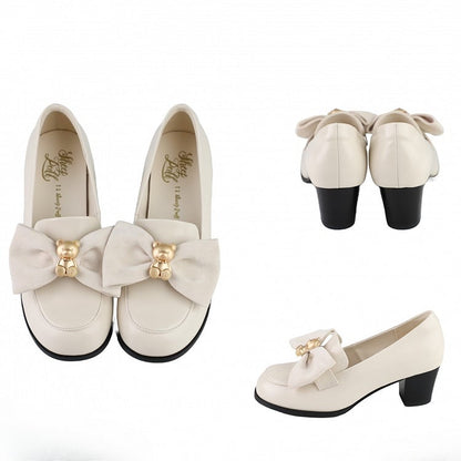 Beige Bear Decorated Bow at Top Loafers
