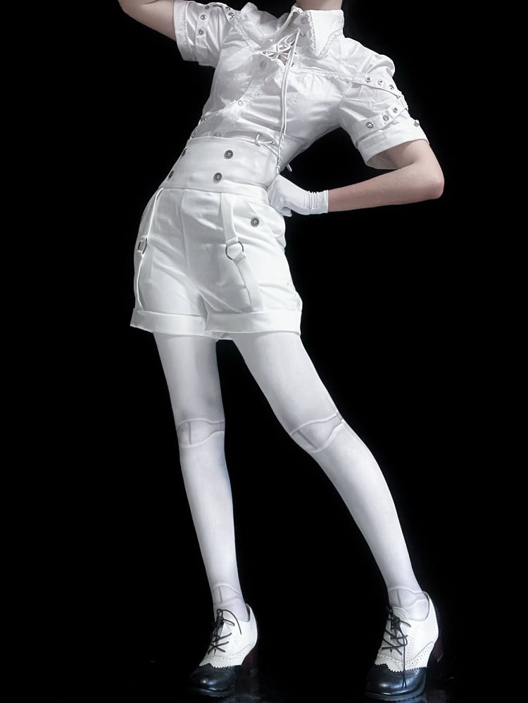 White Ouji Lolita Fashion Lace-up Neckline Short Sleeves Shirt