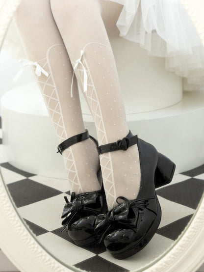 Bow at Top Black Round Toe Sweet Mary Janes Ankle Strap