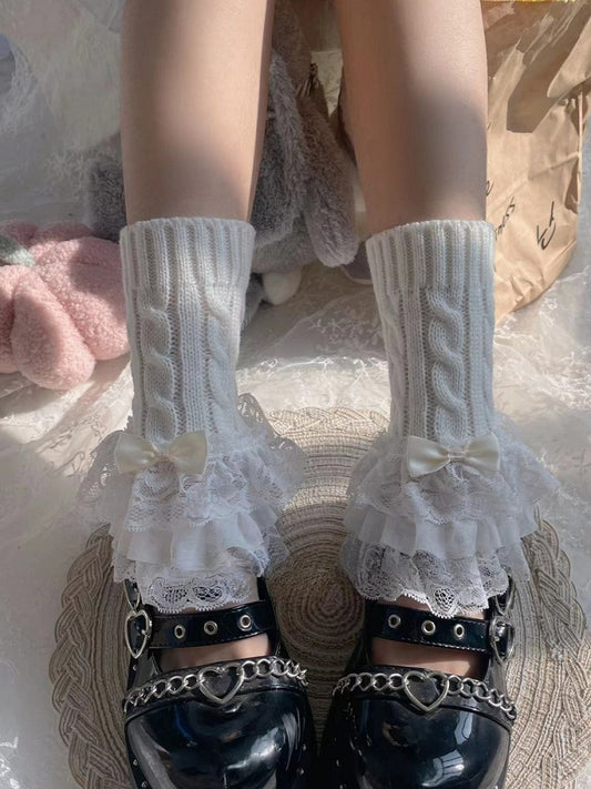 White Bow Three-Layered Lace Trim Lolita Leg Warmers