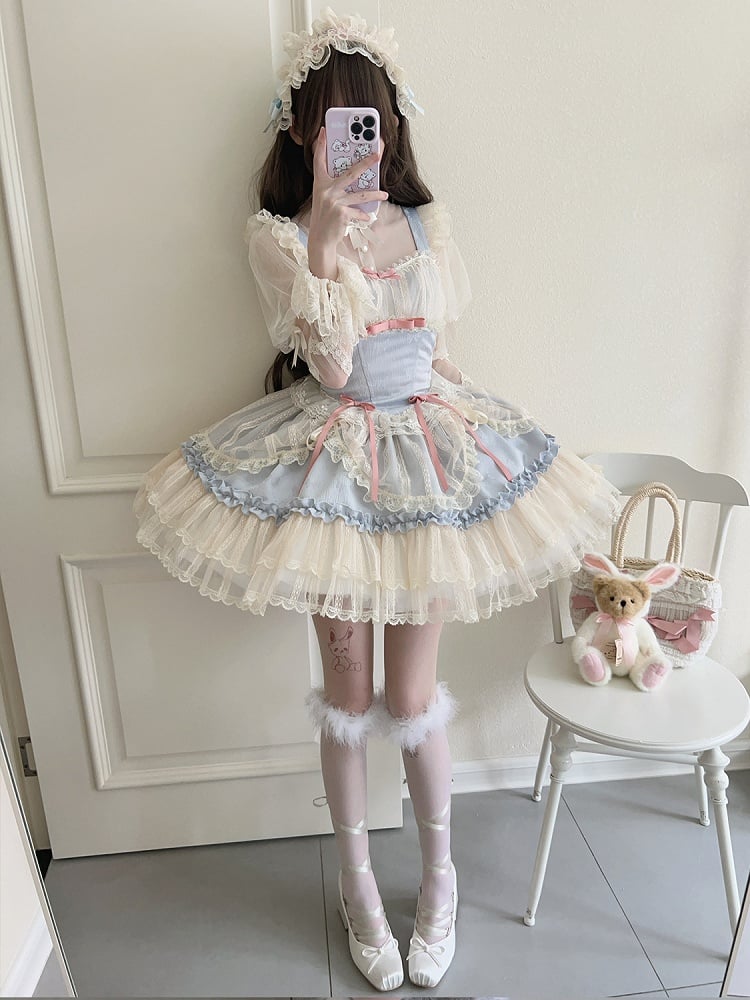 Blue Balletcore Small Bows Fabric Short Dress Lolita Jumper Skirt