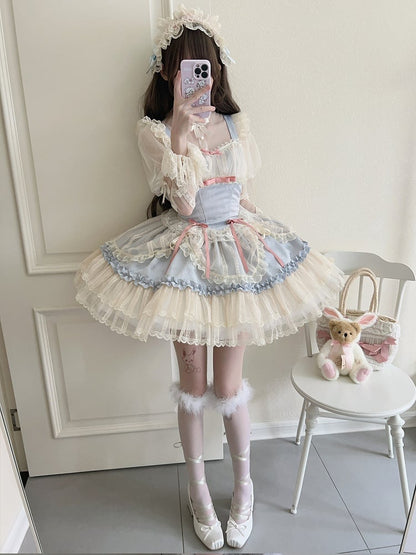 Blue Balletcore Small Bows Fabric Short Dress Lolita Jumper Skirt