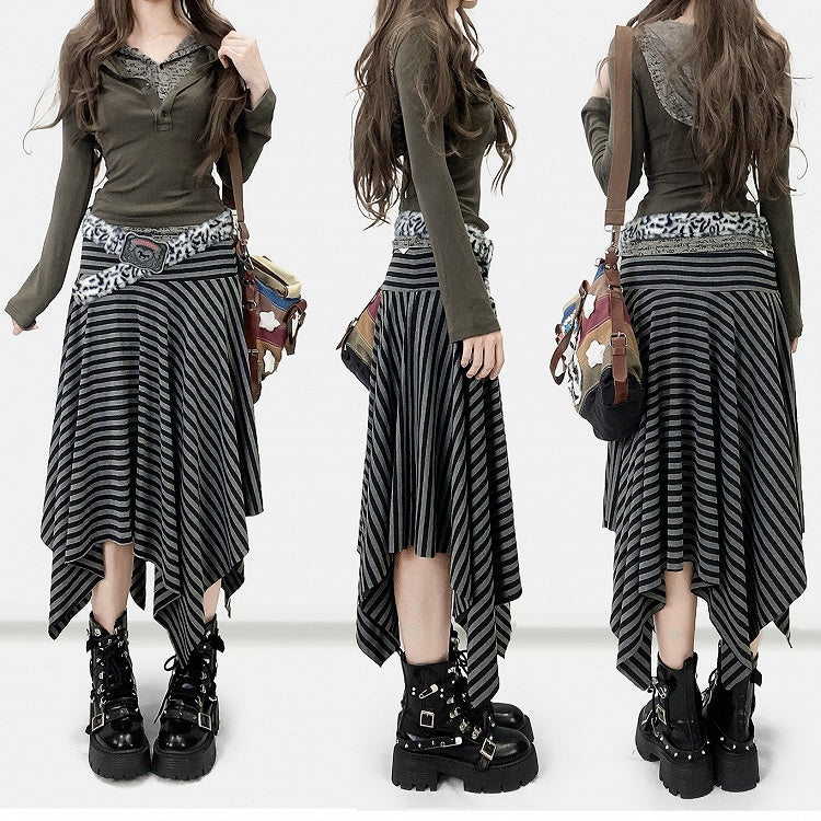 Black Y2K Striped Pattern Handkerchief Hem