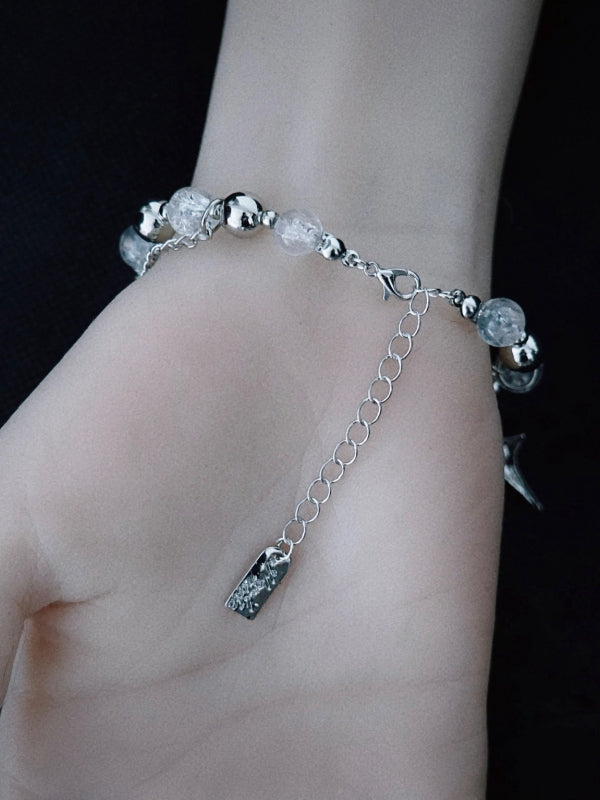 Handmade Guitar Pick Charm Silver and White Punk Beaded Bracelet