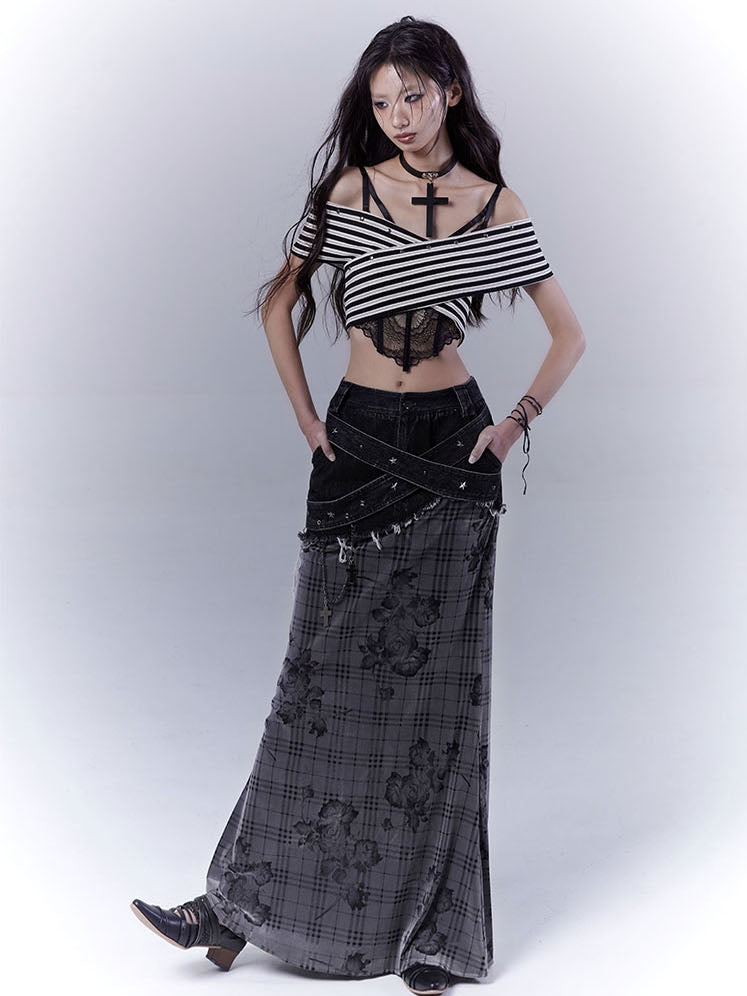 Black Low Waist Criss-cross Studded Strap Plaid Rose Mermaid Skirt