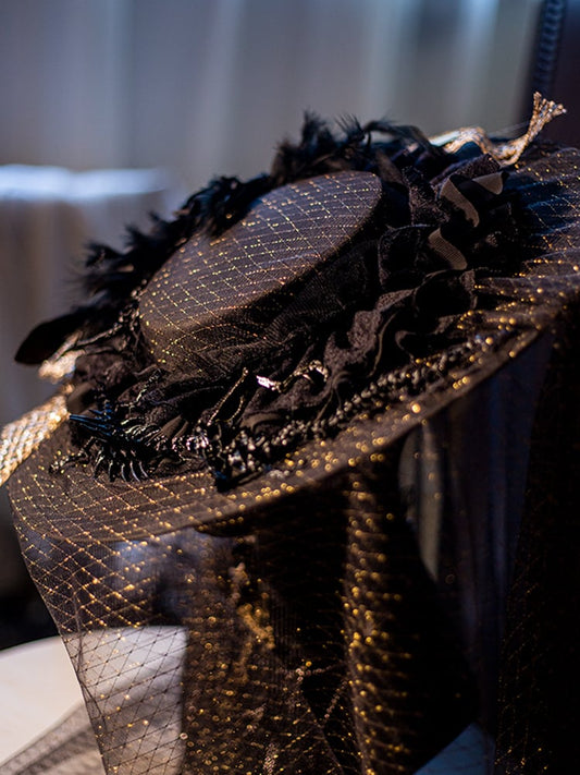 Black Floral Bowknot Feather Decorated Halloween Gothic Hat with Veil
