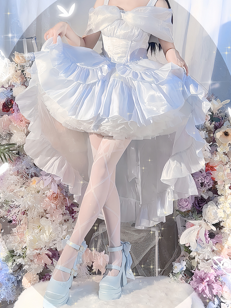 Light Blue Detachable Bowknot Lily of the Valley Embroidery High Block Heel Platform Mary Janes